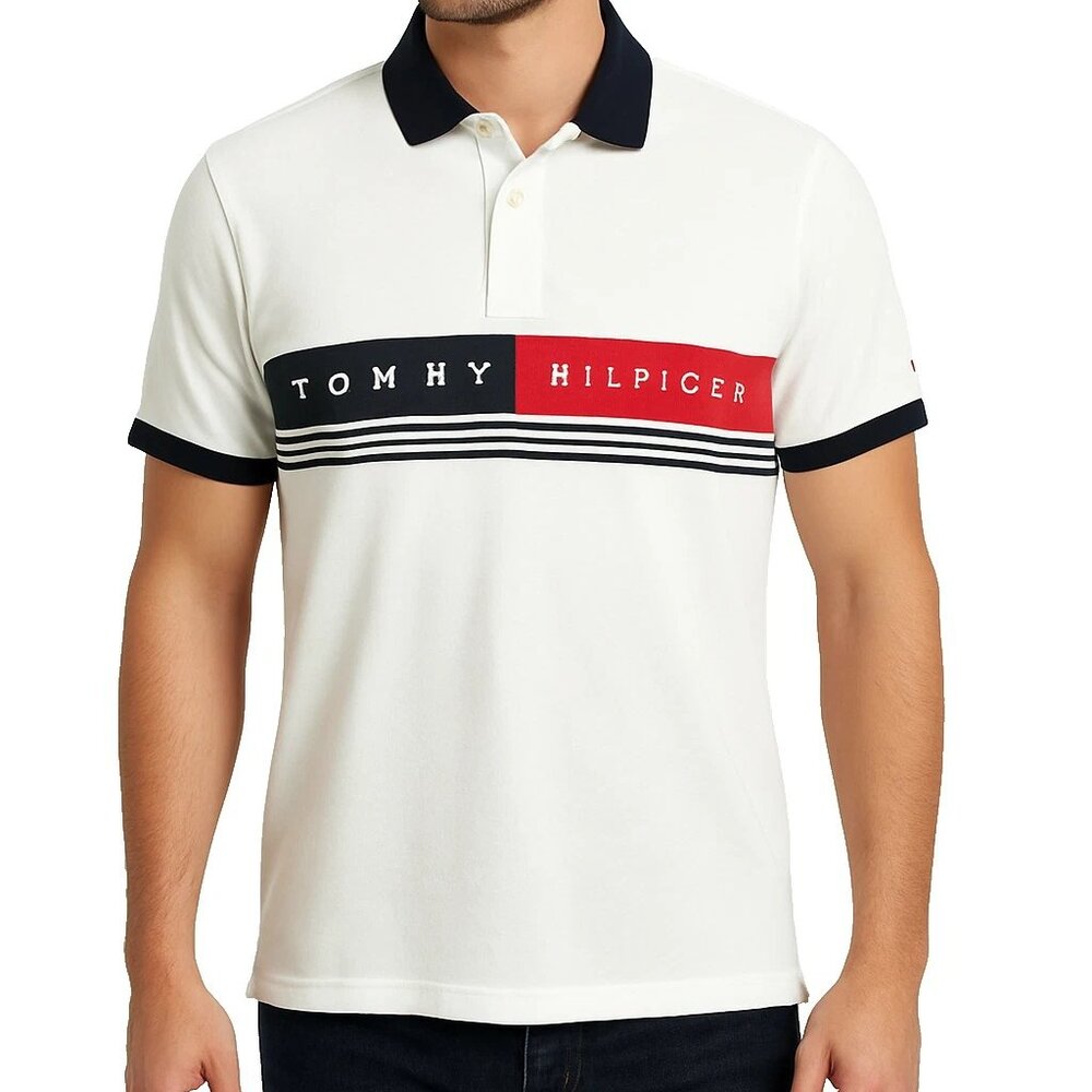 Tommy Hilfiger Lucas Polo Shirt Size‎ XL Tall Fresh White Navy Blue Cotton